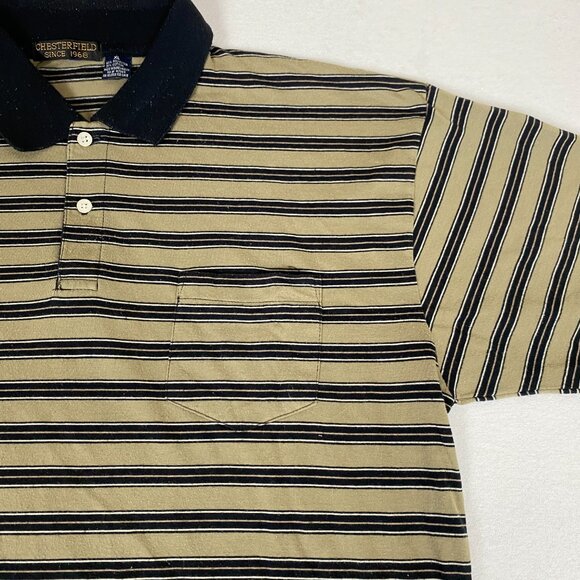 Vintage Y2K Chesterfield Tan Brown Black Striped Lightweight Polo Shirt XL - Picture 3 of 6